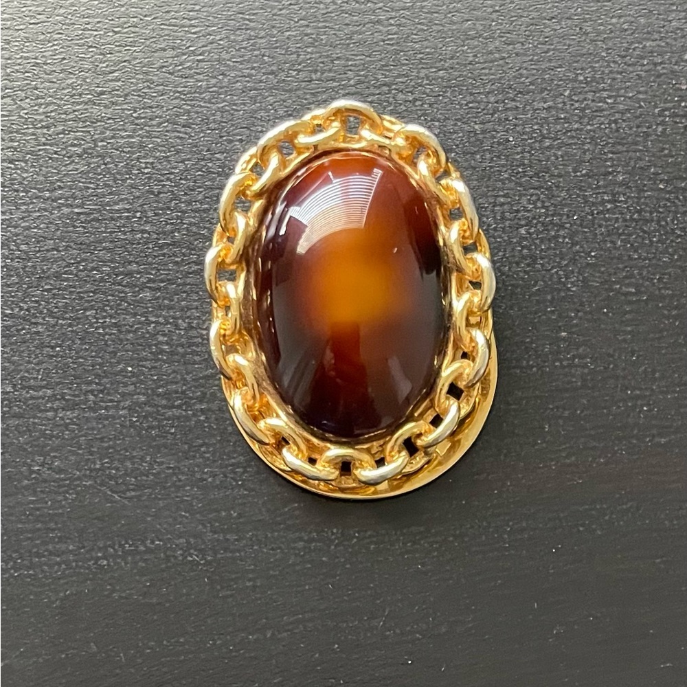 Vintage brown center gold surround scarf clasp back brooch